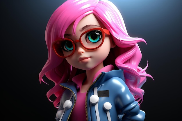 ein Cartoon-Mädchen mit rosa Haaren und Brille