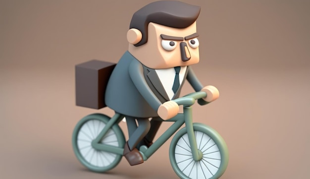 Ein Cartoon-Mann, der mit einer Aktentasche auf dem Rücken Fahrrad fährt.
