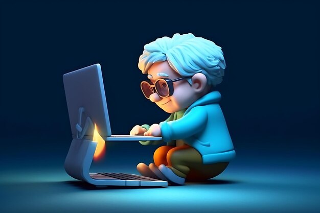 Foto ein cartoon-mann mit brille sitzt auf einem laptop mit einem feuer im hintergrund.