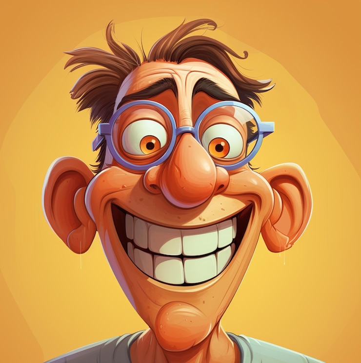 Foto ein cartoon-mann mit brille und einem lächeln, das „glückliches lächeln“ sagt.