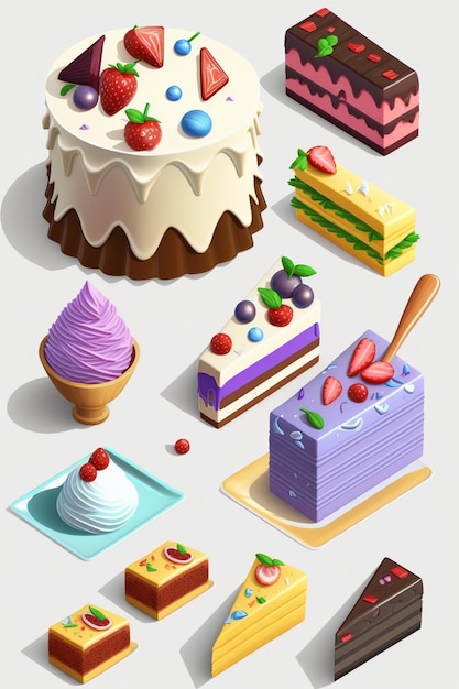 Ein Cartoon mit verschiedenen Kuchen und Desserts, darunter eines mit der Aufschrift „Kuchen“.