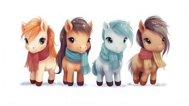 Ein Cartoon mit vier Pferden und einem Schal mit der Aufschrift „Pony“.