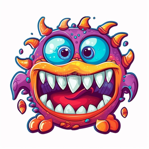 Ein Cartoon-Monster mit scharfen Zähnen und einem lila Auge mit einem grünen Auge und scharfen Zähnen.