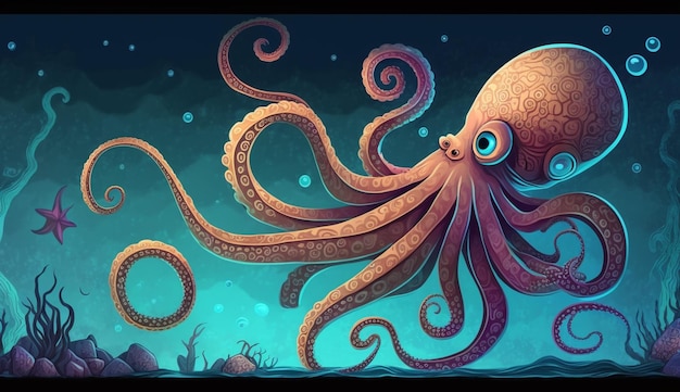 Ein Cartoon-Oktopus mit einem blauen Auge und einem roten Oktopus auf der Unterseite.