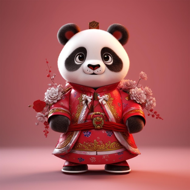 Ein Cartoon-Panda mit einem roten Kleid und Blumen darauf.