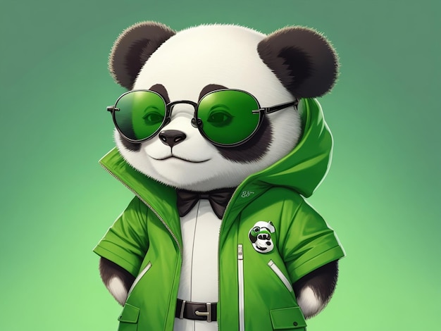 Foto ein cartoon-panda mit grüner jacke und sonnenbrille