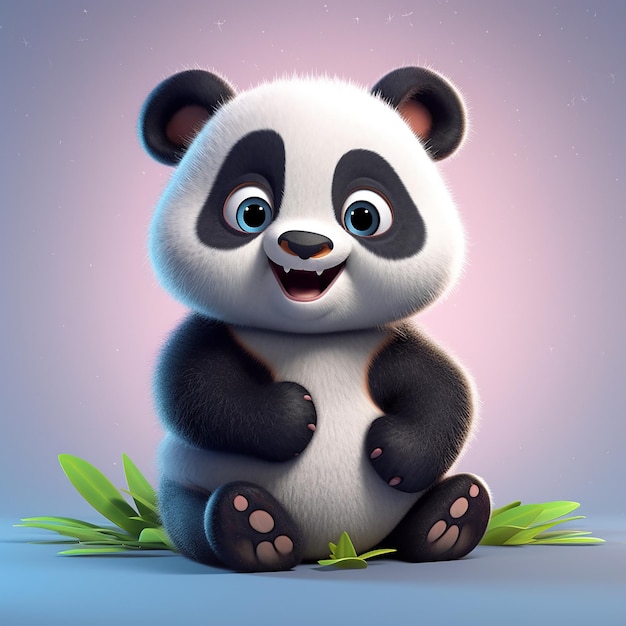 Ein Cartoon-Panda sitzt auf einem blauen und violetten Hintergrund.