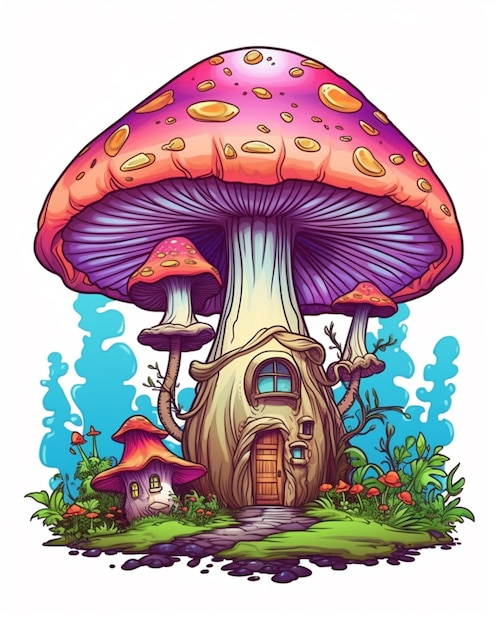 Ein Cartoon-Pilzhaus mit einer Tür und einer Tür auf dem Boden, generative KI