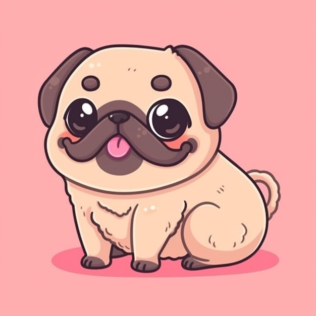 ein Cartoon-Pug-Hund mit Schnurrbart, der auf einem rosa Hintergrund sitzt