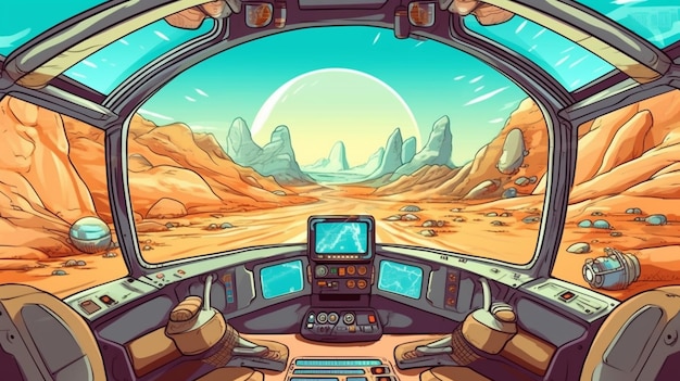 Ein Cartoon-Raumschiff-Cockpit mit Blick auf die generative KI des Planeten