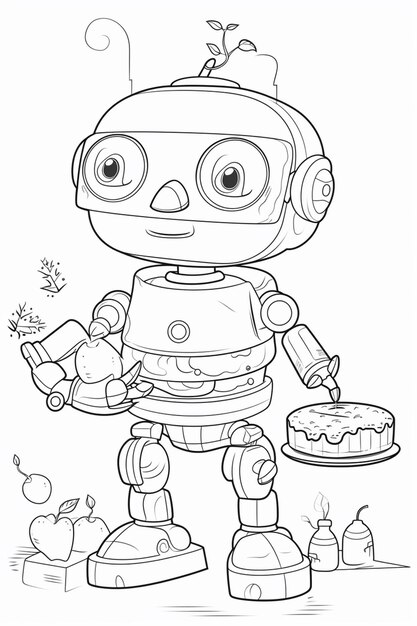 ein Cartoon-Roboter, der einen Kuchen und einen Cupcake hält, generative KI