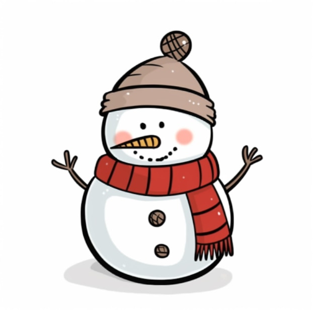Ein Cartoon-Schneemann mit Mütze und Schal und ausgestreckten Armen, generative KI