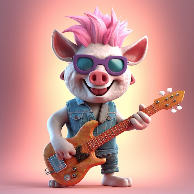 Ein Cartoon-Schwein mit rosa Irokesenschnitt spielt Gitarre.