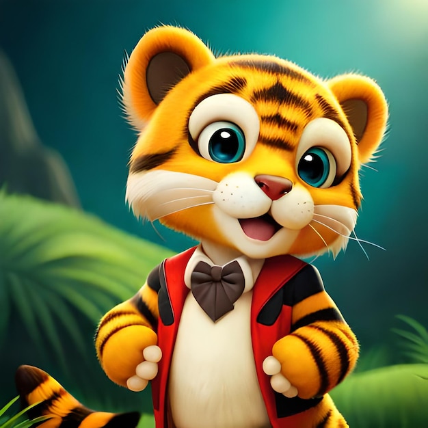 Ein Cartoon-Tiger mit roter Jacke und Fliege.