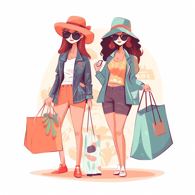 Ein Cartoon von zwei einkaufenden Frauen mit Taschen und einer mit Hut und Sonnenbrille