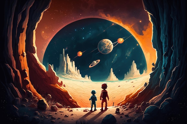 Ein Cartoon von zwei Kindern, die einen Planeten mit Planeten im Hintergrund betrachten