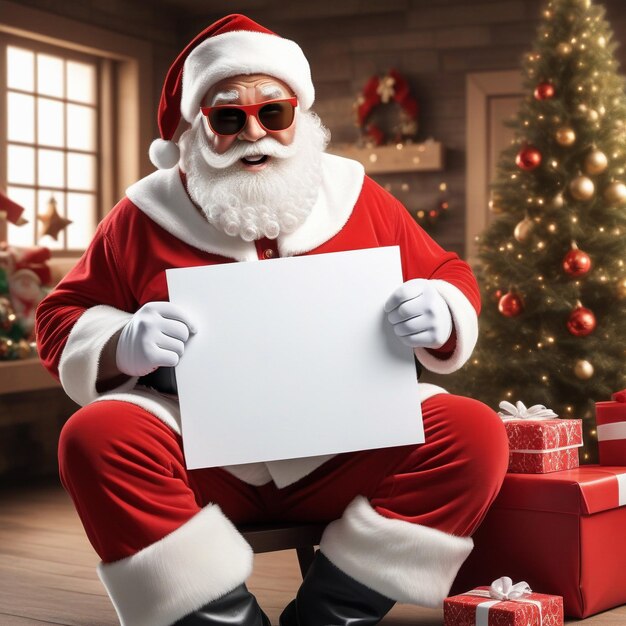 ein Cartoon-Weihnachtsmann, der ein leeres Schild hält, sitzt, der Hintergrund ist weiß und leer