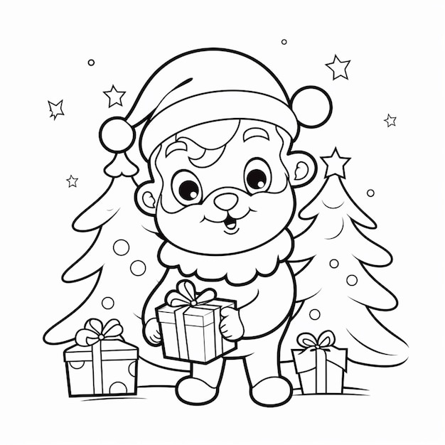 Ein Cartoon-Weihnachtsmann hält ein Geschenk in der Nähe eines Weihnachtsbaums. Generative KI