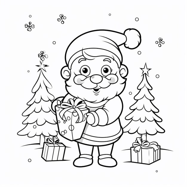 Ein Cartoon-Weihnachtsmann hält ein Geschenk vor einem Weihnachtsbaum. Generative KI