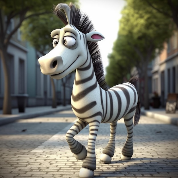 Ein Cartoon-Zebra läuft eine Straße entlang.