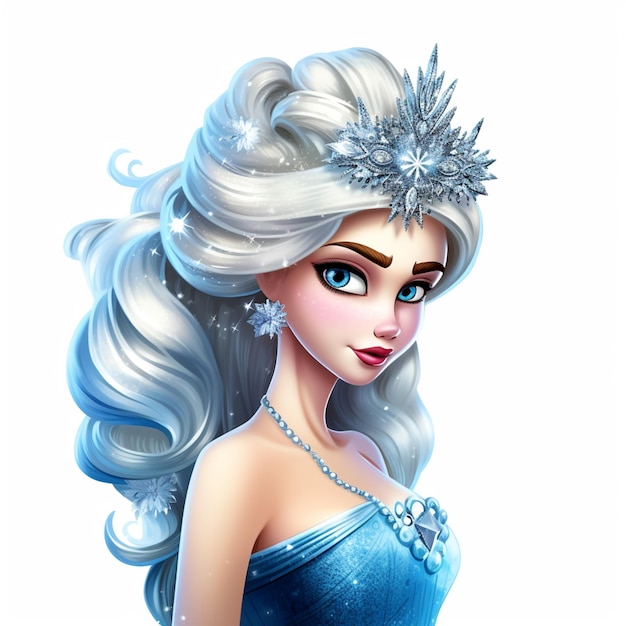 Ein Cartoonbild einer Frau, die ein blaues Kleid trägt, auf dem das Wort „Frozen“ steht.