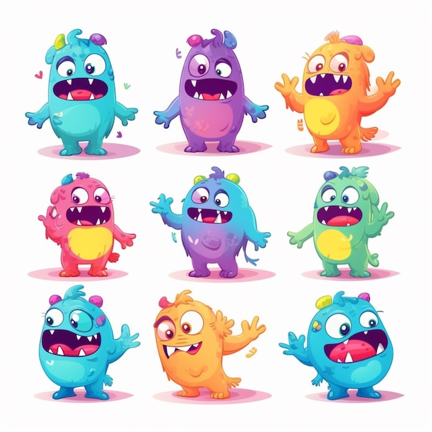 Ein Cartoonbild einer Gruppe von Monstern mit verschiedenen Farben.