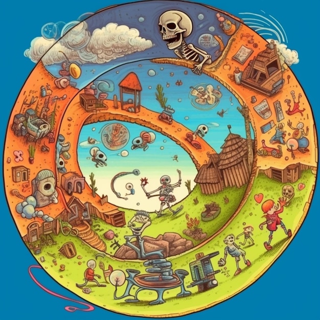 Ein Cartoonbild einer kreisförmigen Platte mit einem Skelett und anderen generativen Dingen