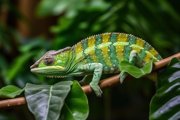 Foto ein chamäleon auf einem ast mit grünem blatt