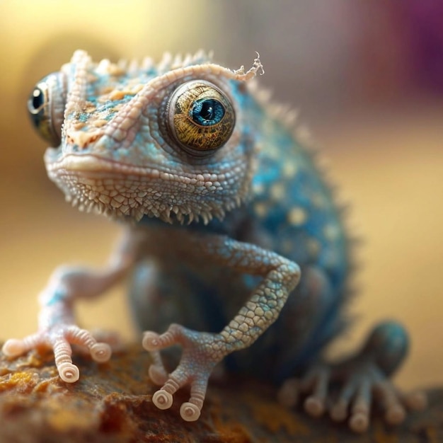 Ein Chamäleon mit blauen Augen sitzt auf einem Felsen.