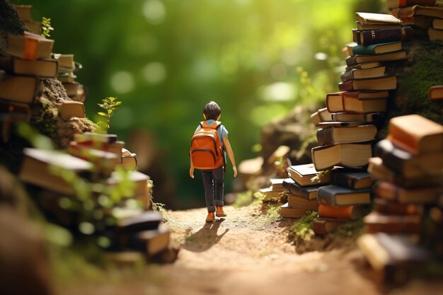 Ein Charakter, der eine Schultasche trägt, geht in einem Wald voller Bücher und liest eine Bildungs-Konzeptszene