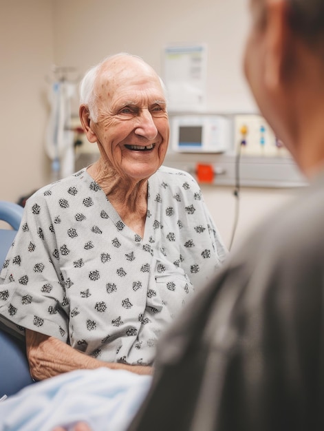 Ein charmanter älterer Mann lächelt seinem Besucher in einem Krankenhauszimmer herzlich zu, was den Geist der Hoffnung und der Genesung verkörpert