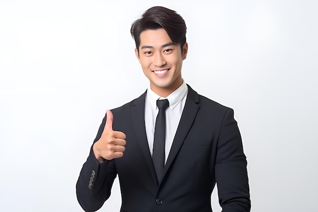 Ein charmanter, gutaussehender asiatisch-japanisch-koreanisch-chinesischer Geschäftsmann, der wie ein selbstbewusstes Lächeln die Daumen nach oben zeigt