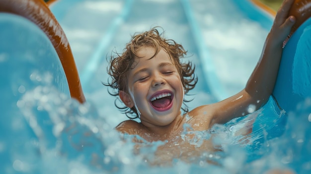 Ein charmanter kleiner Junge rutscht in einem Wasserpark eine Rutsche hinunter und lacht die Freude über eine lustige Aktivität
