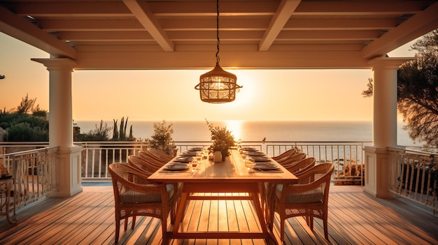 Ein charmantes Bild einer noblen Sommervilla mit einem wunderschön eingerichteten Essbereich im Freien mit Blick auf die malerische Küste