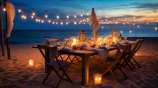 Ein charmantes Bild eines raffinierten Speiseerlebnisses im Freien an einem ruhigen Strand, eingehüllt in das warme Licht von Lichterketten und Kerzen, die Romantik und Luxus ausstrahlen