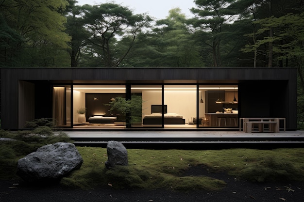 Ein charmantes Haus in einem üppigen Wald bietet einen ruhigen Zufluchtsort inmitten der Schönheit der Natur Ein modernes japanisches Haus mit minimalistischem Design KI generiert