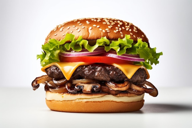 Ein Cheeseburger mit Pilzen und Zwiebeln steht auf weißem Hintergrund.
