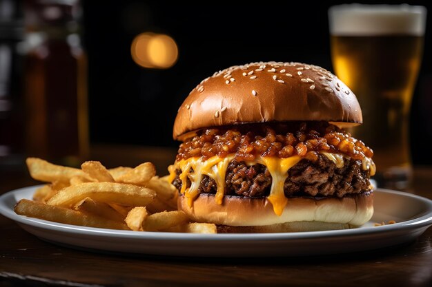 Ein Cheeseburger mit Pommes auf einem Tisch