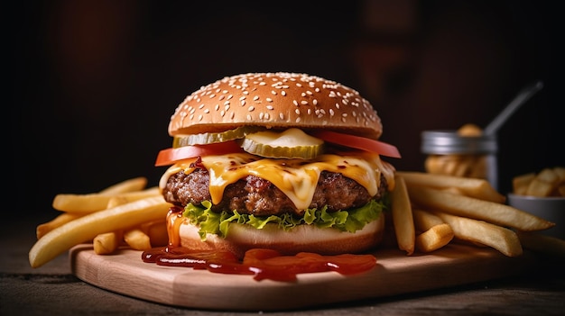 Foto ein cheeseburger mit pommes frites auf einem holzbrett