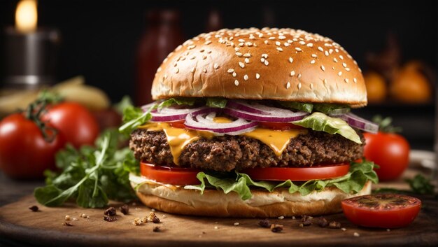 Ein Cheeseburger mit Salat, Tomaten und Zwiebeln auf einem Sesambrötchen