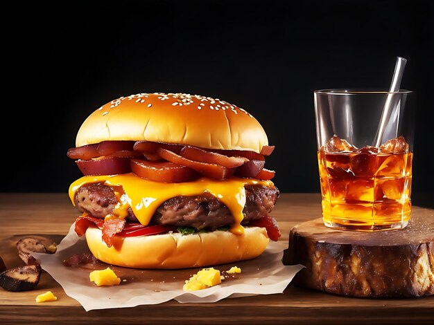 Foto ein cheeseburger mit salat und tomaten mit einem glas whiskey auf einer holzplatte