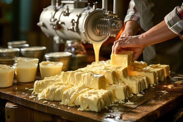 Ein Cheesemaker macht Butter in einer kleinen Milchfabrik