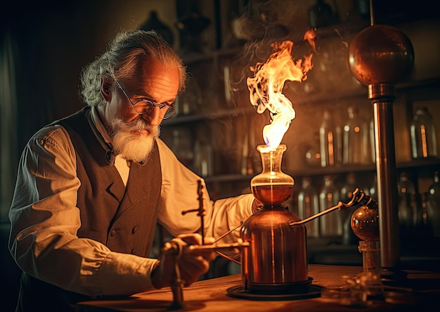 Ein Chemiker erhitzt mit einem Bunsenbrenner ein Reagenzglas, wobei die Flamme einen warmen Schein auf die Wissenschaft wirft