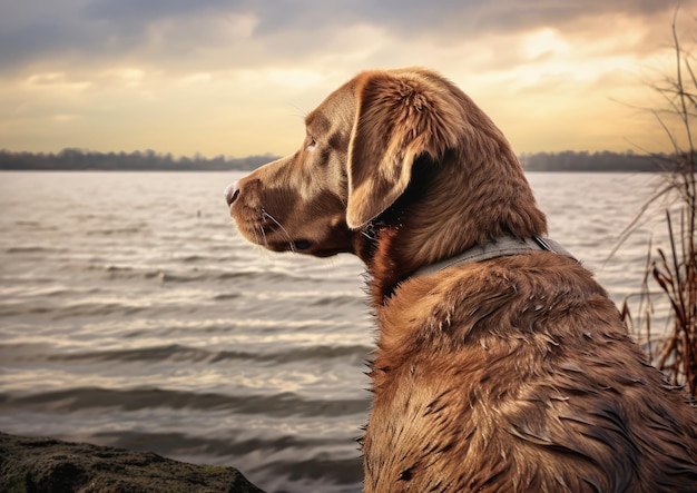 Ein Chesapeake Bay Retriever blickt auf einen ruhigen See und ist bereit für einen Tag auf der Wasservogeljagd