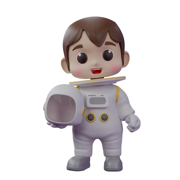 Ein Chibi-Astronaut steht und hält einen Astronautenhelm in der rechten Hand und die linke Hand zusammengeklemmt