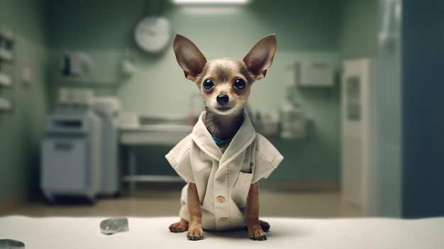 Ein Chihuahua-Hund im weißen Kittel sitzt auf einem Tisch in einem Krankenzimmer.