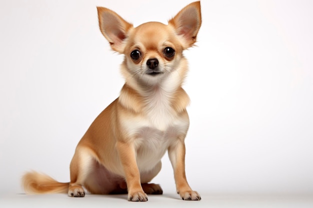 Ein Chihuahua-Hund isoliert auf weißem, schlichtem Hintergrund