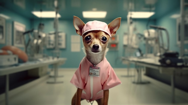 Ein Chihuahua in einem Krankenhausflur mit einem rosa Mantel und einem Namensschild mit der Aufschrift „Hund“