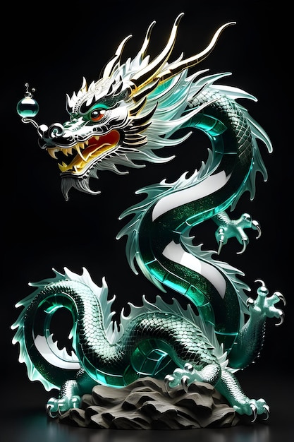 Ein chinesischer Drache aus Glas steht auf einem dunklen Hintergrund und repräsentiert das chinesische Neujahr