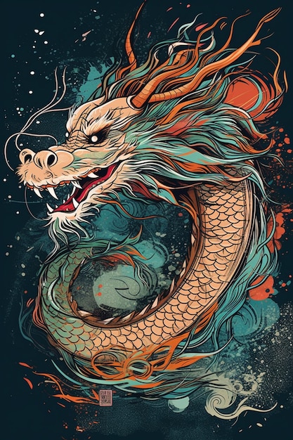 Ein chinesischer Drache mit blauem Hintergrund und dem Wort Drache darauf.